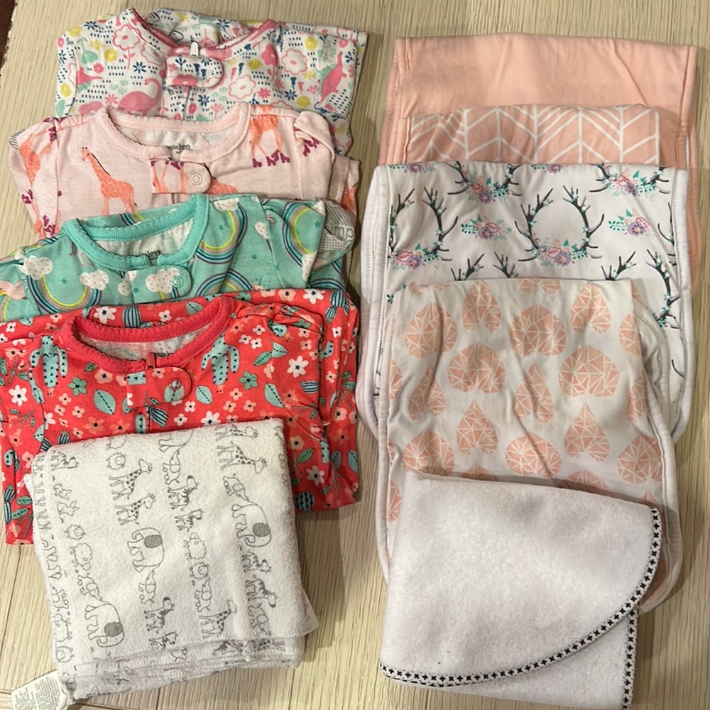 10 pc Set, pajamas, burp clothes, receiving blanket, changing pad